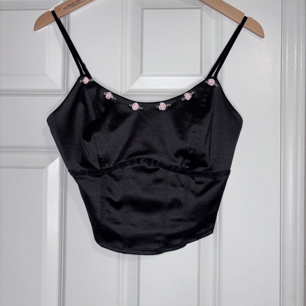 Wild Fable Wimsigoth Coquette Black Satin Corset Lovely Rosette Accents NWT XS